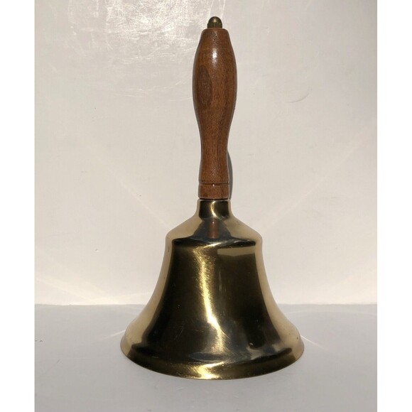Vintage 8 1/2” Brass Bell With Wooden Handle 5" Diameter Hand Size Table/Desk - Picture 2 of 9